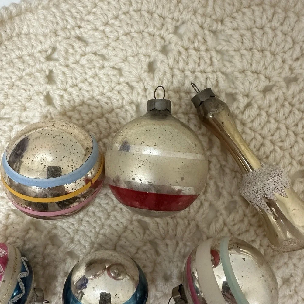 Vintage Made USA Mixed Lot of 9 Christmas Ornaments Glitter Painted Balls Bell